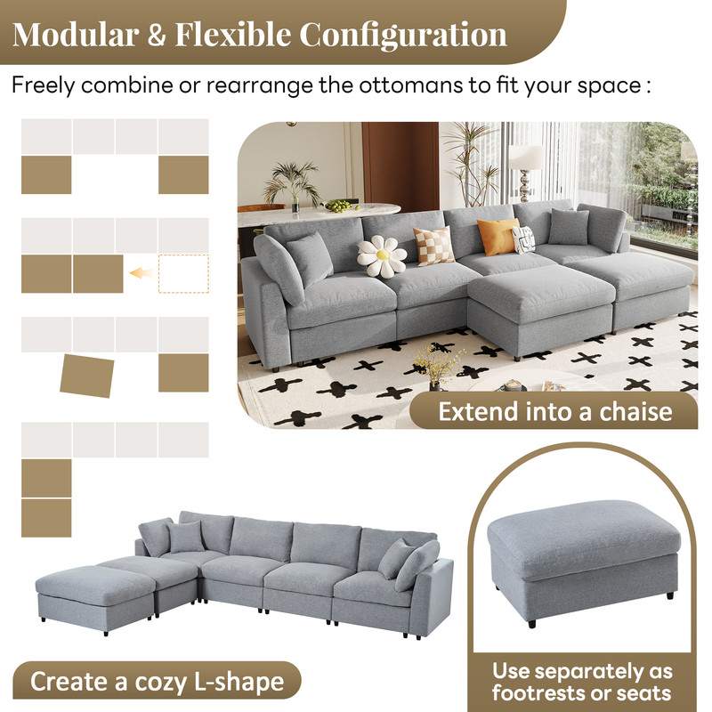 U-Shaped Modular Sectional Sofa with 2 Movable Ottomans, 128'' Chenille Upholstery Sofa Couch, 6-Piece Configurable Couch, Deep Seat Sofa for Living Room, Home Theater