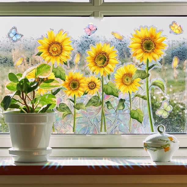 Etiqueta engomada de la ventana de la mariposa del girasol del arco iris removible sin pegamento, calcomanías anticolisión de la ventana del Color deslumbrante del sol, previene los golpes d