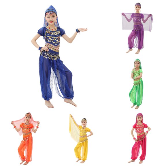 Huowey Toddler Girl Summer Outfits Belly Dancewear Short Sleeve Round Neck Cropped Solid Color Tops Shirts And Wide Leg Elastic Waist Mesh Trousers Breathable Stylish Clothes Sets,Blue,7-8 Years