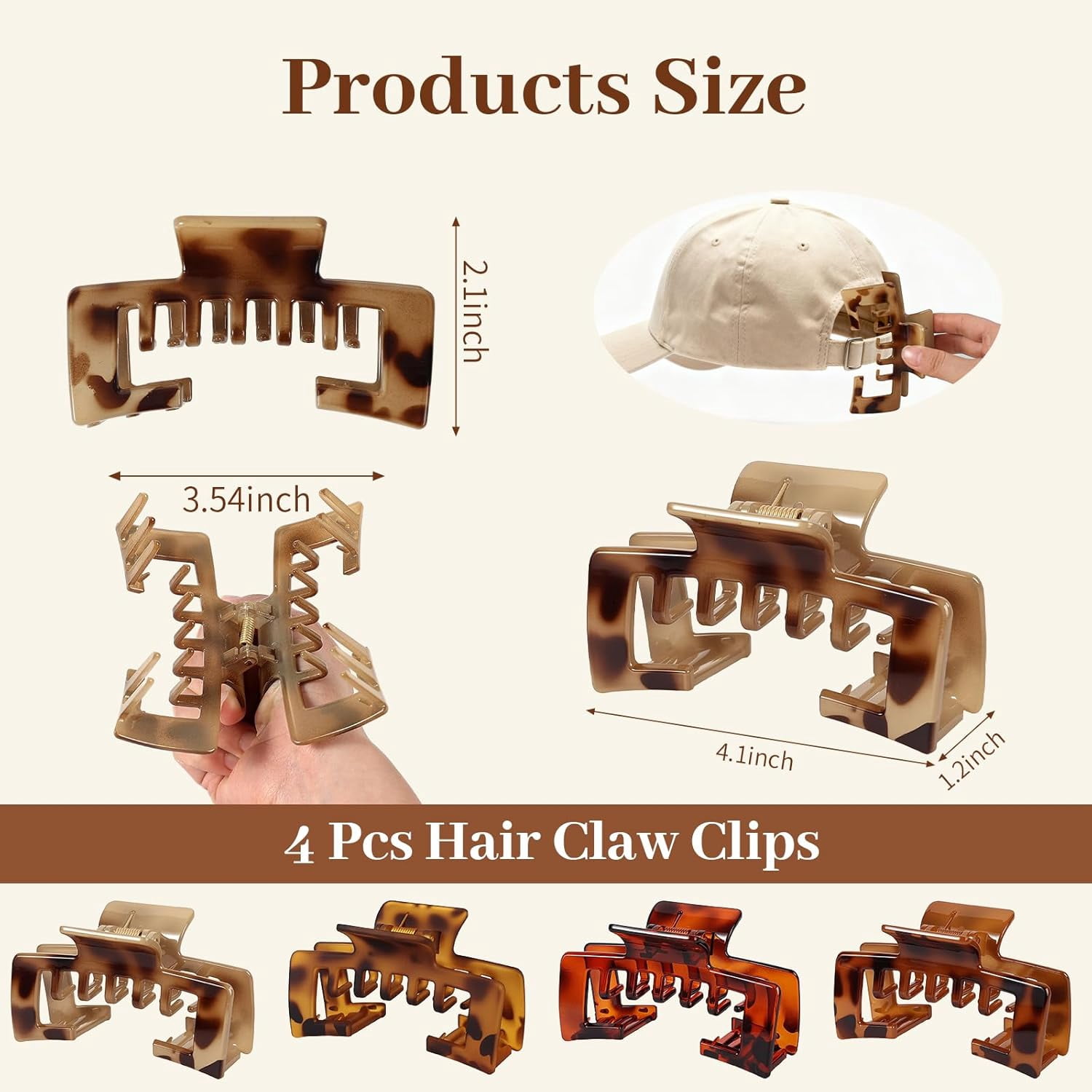 4 PCS Tortoise Shell Hair Claw Clips for Baseball Caps – Adjustable Non-Slip Strong Hold for Trucker Hats, for Thick & Thin Hair, Gift Hair Accessories