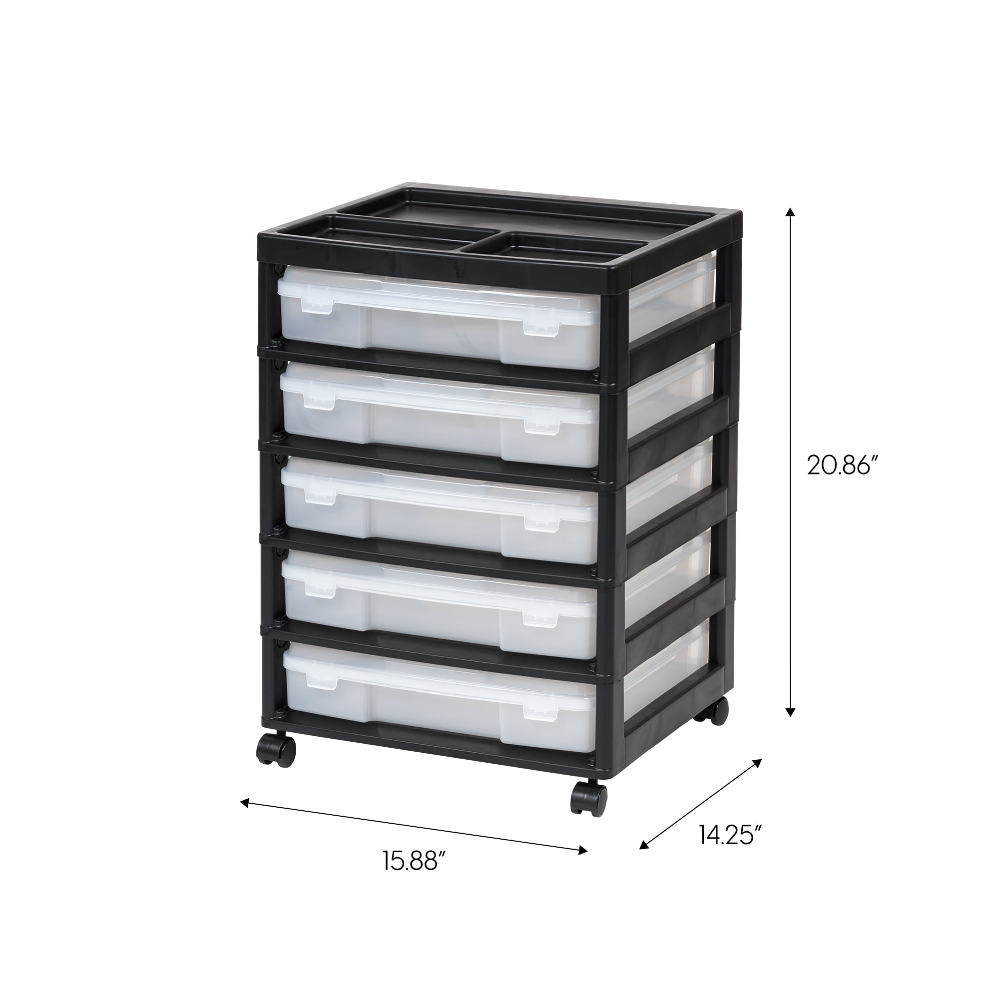IRIS 5 Drawers Scrapbook Plastic Rolling Storage Cart with Organizer Top with Casters,Black