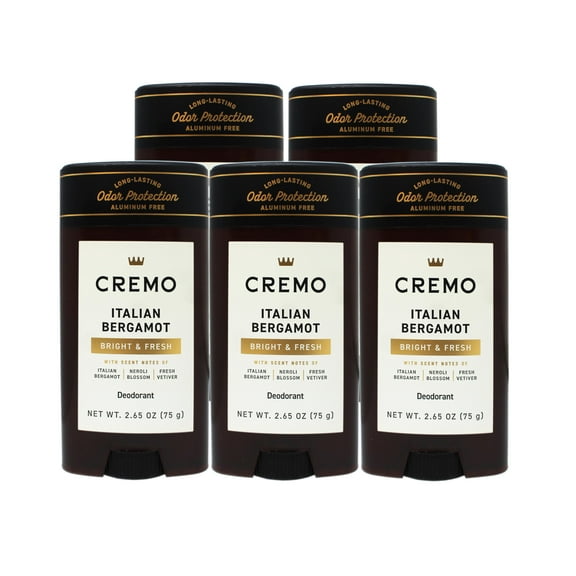 5 Pack - Cremo Italian Bergamot Aluminum Free Deodorant for Men, Long-Lasting Odor Protection, 2.65 OZ