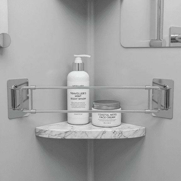 Adjustable Stainless Steel Shower Corner Storage Bar – RV Must Have, Space Saver Organizer for Travel Trailer & Camper Bathroom, Secure Shelf Guard, Rustproof Rod