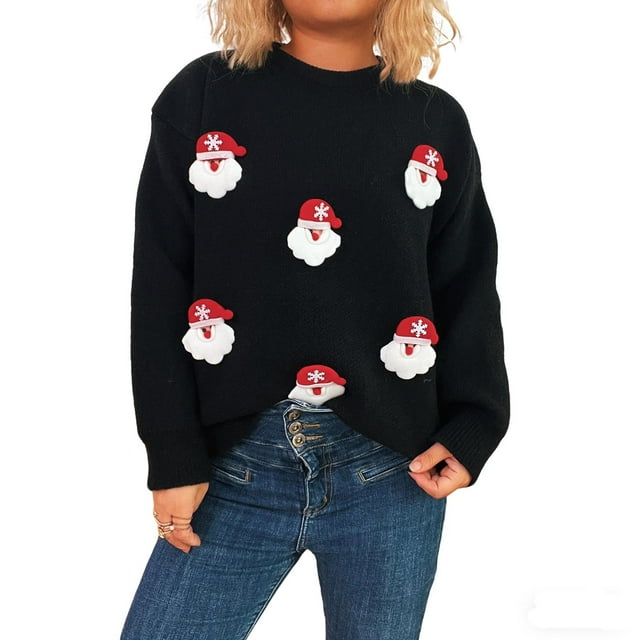 BLVB Chandail de Noël Laid pour Femmes Col Rond Mignon Chandail Tricoté Chandail pour Fête des Fêtes Cadeaux de Noël pour Femmes