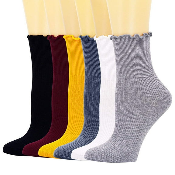 Women's socks, ruffled hem Casual ankle socks Breathable and cool knit cotton round neck fringed socks 6 pairs