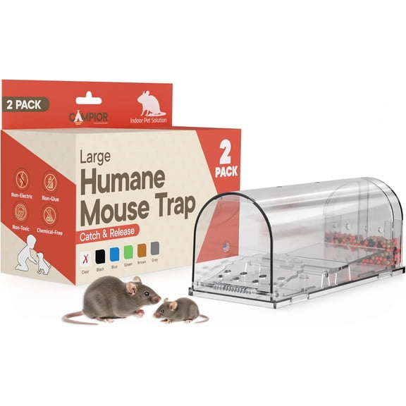 Campior Humane Mouse Trap Pack of 2, Live Catch & Release, Indoor/Outdoor, Pet & Child Safe, Reusable Plastic Cage, Clear