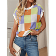 thumbnail image 4 of 1pcs Womens Summer Crew Neck Cap Sleeve Crop Color Block Knit Short Sleeve Sweater Taro M To prevail in kind, 4 of 9