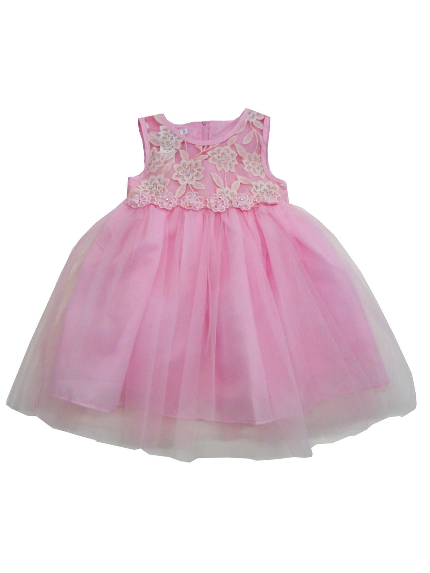 Baby Girls Pink Floral Embroidered Tulle Overlaid Flower Girl Dress ...