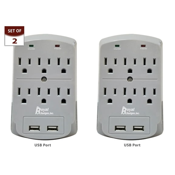 Royal Designs Gray USB Wall Mount and Surge Protector with 6 Outlets and Two USB Ports, Set of 2