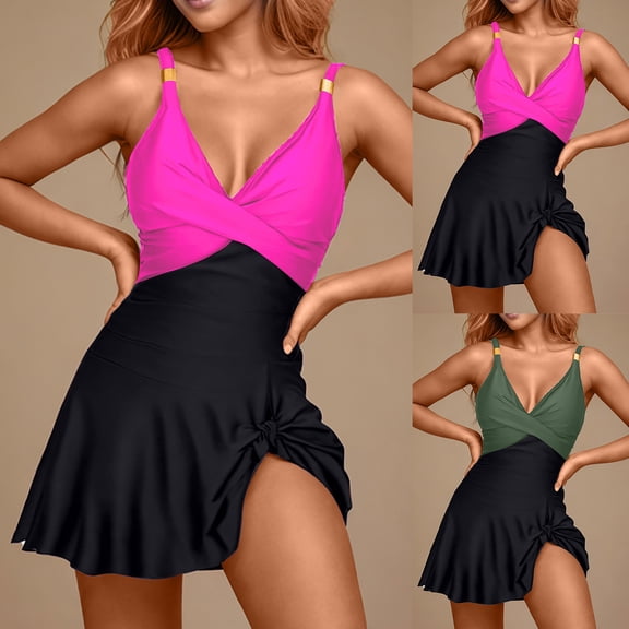 JSGEK Womens Color Block Swim Dress Flared Hem Design Lightweight Fabric Relaxed Silhouette for Cruise Wear Green L