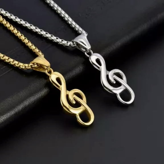 HOOUN Silver Gold Rhinestone Treble G Clef Music Note Pendant Necklace Box Chain 24"-Gold
