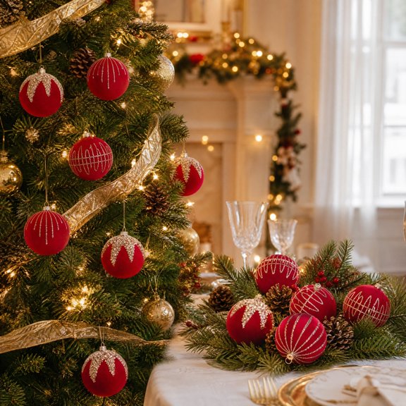 Eolstice Velvet Christmas Ball Ornaments, Flocked Balls with Glitter Embossed Details, Holiday Tree Hanging Festive Decor for Home, Party, Indoor