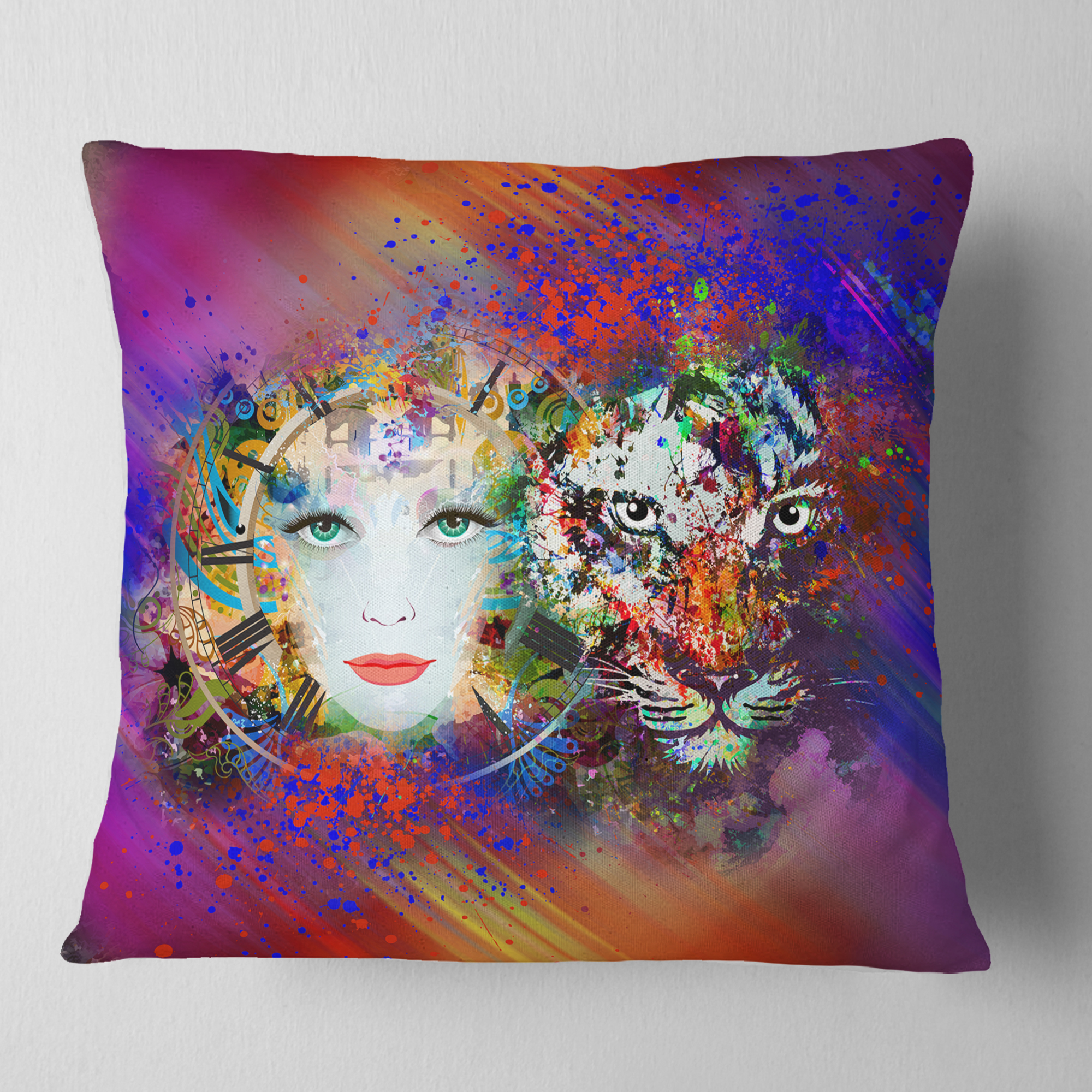 Designart Colorful Tiger and Woman Face - Abstract Throw Pillow - 16x16