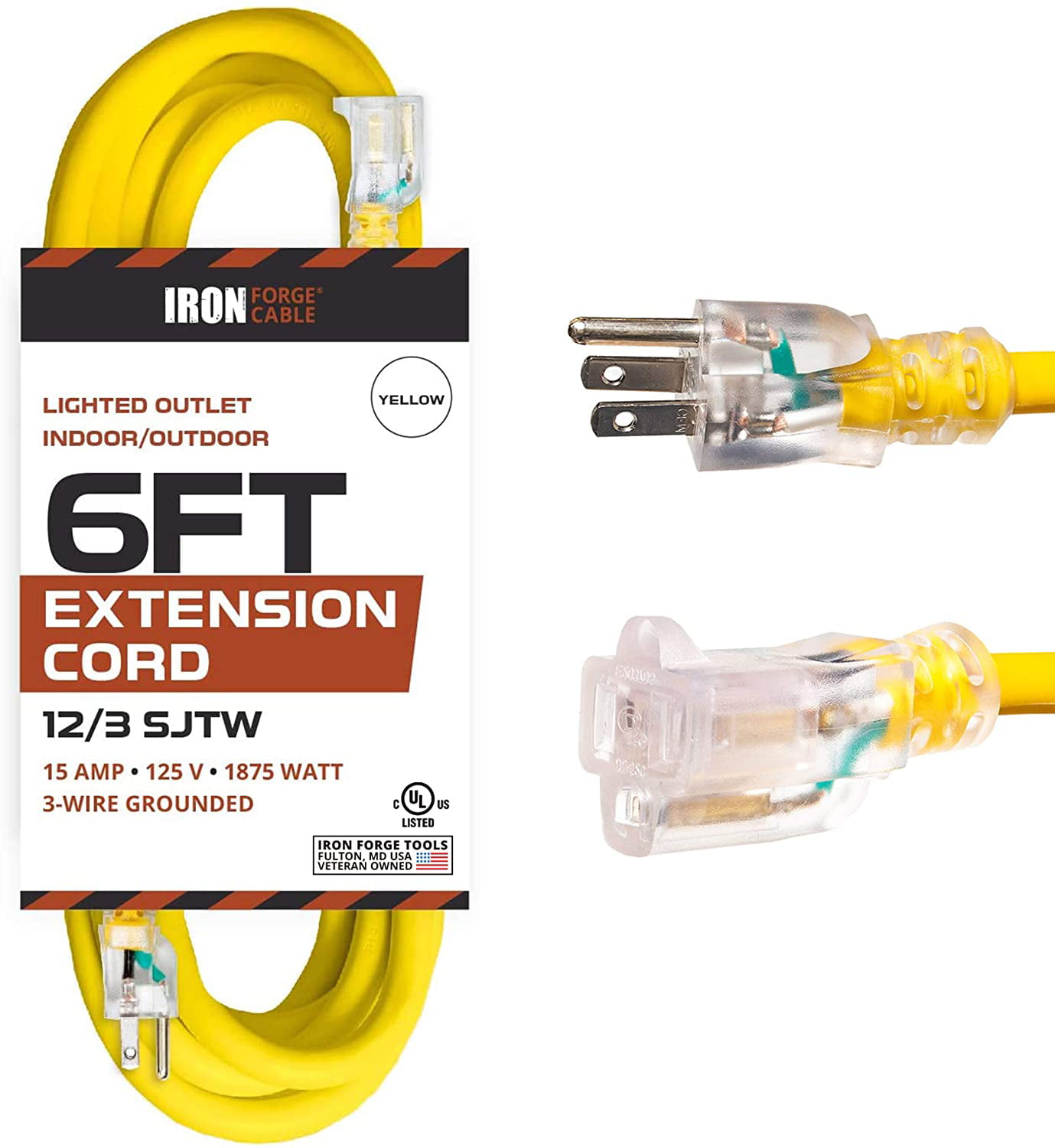 HEAVY DUTY 12/3 SJTW 50 ft Pack of 2 Extension LIGHTED PLUG Yellow Cord USA 