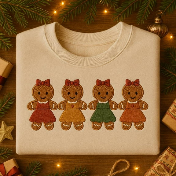 Gingerbread Women Embroidered Sweatshirt, Cute Christmas Cookie Crewneck,Matching Holiday Pullover, Festive Unisex Winter Sweater