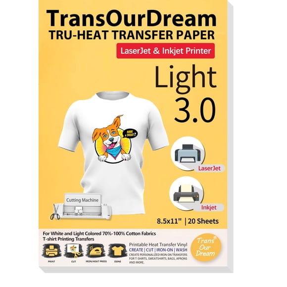 TransOurDream Iron on Heat Transfer Paper for Light T Shirts (20 Sheets 8.5x11", 3.0) Printable HTV Heat Transfer Vinyl for Inkjet & Laserjet Printer
