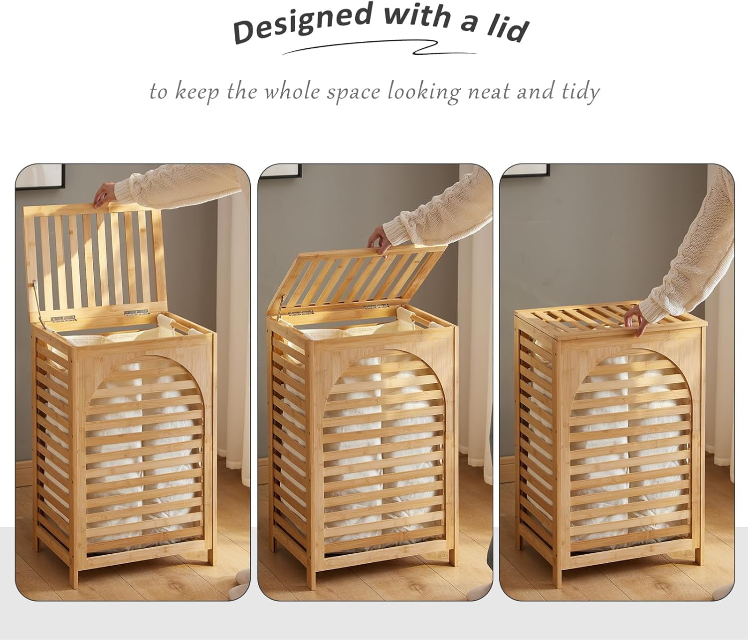 Laundry Hamper with Lid,Bamboo Large Waterproof Clothes Laundry Basket,Removable Washing Bags with Handles,clothes basket (Natural)