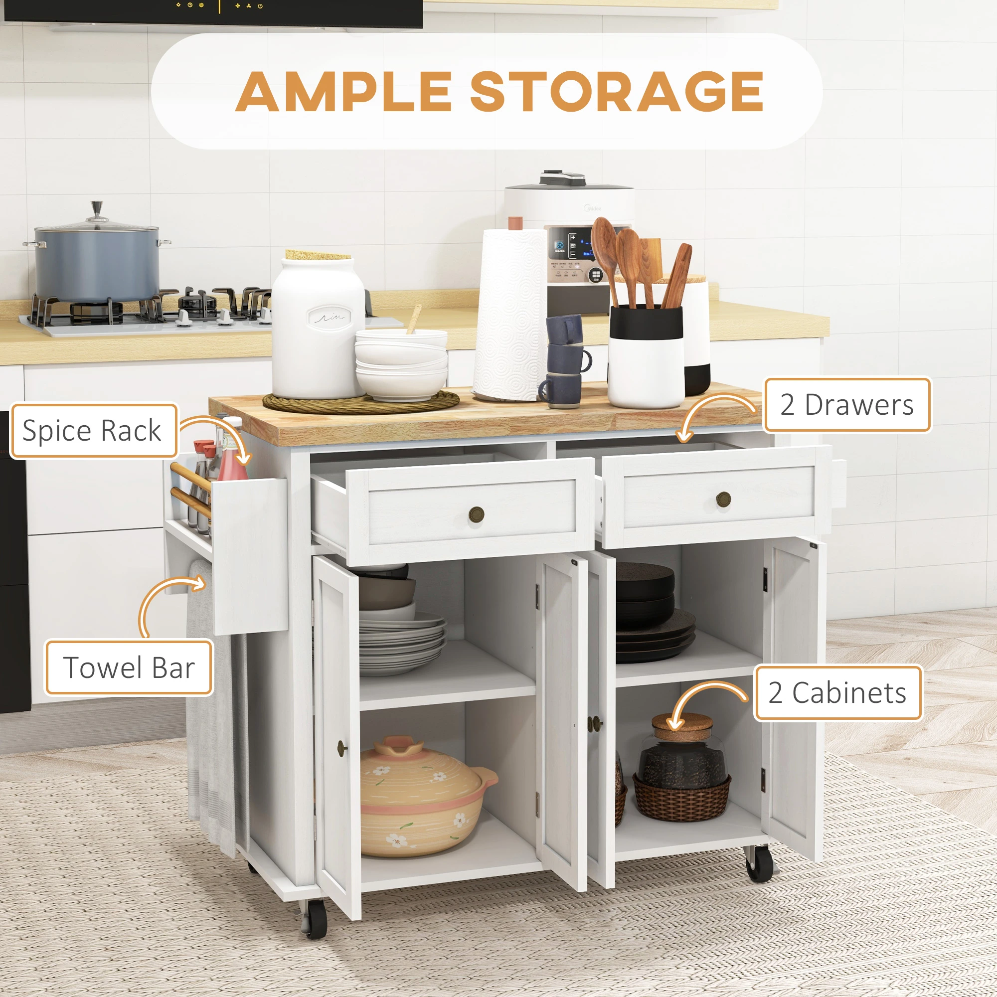 Kitchen Island Cart with Rubber Wood Top, Rolling Kitchen Island Table with Drawers, Adjustable Shelves, Spice Rack & Towel Rack — White