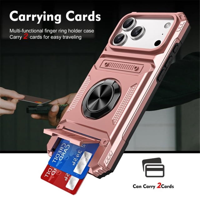 For Apple iPhone 17 Pro Max Phone Case with Finger Ring Holder Kickstand, Card Slots,Heavy Duty Shockproof Rugged Protective Working with Magnetic Car Phone Mount,Rose Gold,For iPhone 17 Pro Max