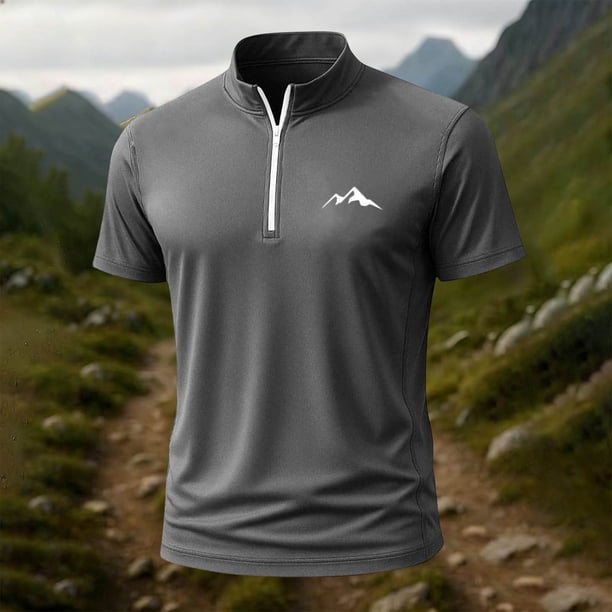 Blusa y camisa de manga corta con cuello alto para hombre, de verano, de color liso, ajustada, deportiva, con cremallera, de manga corta, con cuello alto.