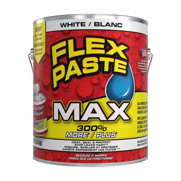 Flex Paste MAX - All Purpose Rubberized Waterproof Paste; Indoor & Outdoor Repairs; Spread, Shape, Form & Seal Gaps, Cracks, Holes, Roofs, Foundation, Drywall; Paintable, WHITE, 12 lb (2.72 kg)