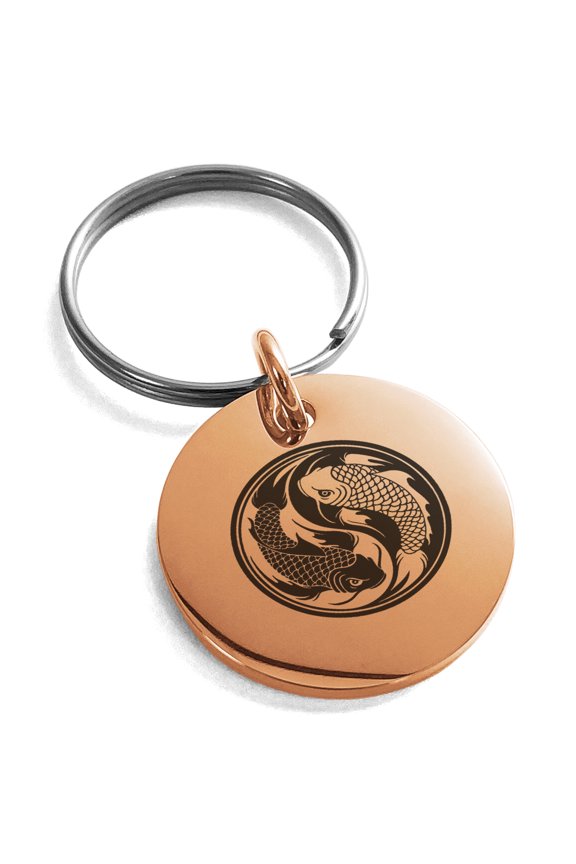 Stainless Steel Koi Fish Yin Yang Engraved Small Medallion Circle Charm Keychain Keyring