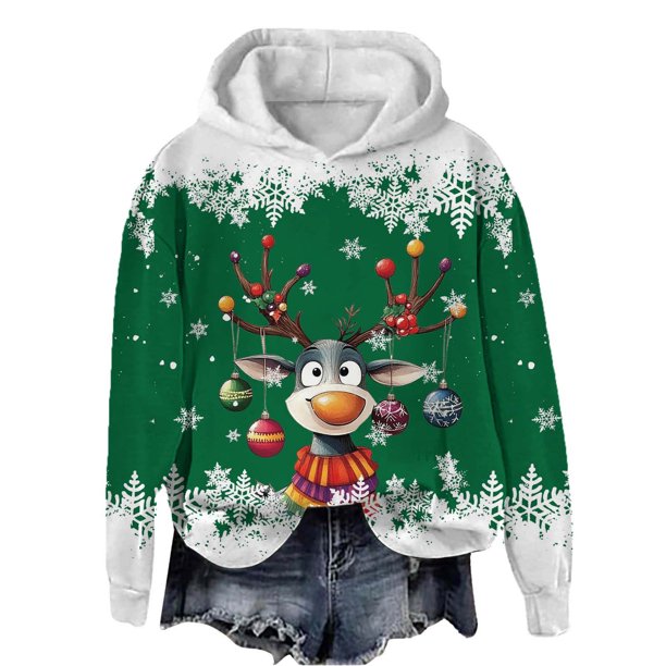 WILLBEST Sudadera Deportiva para Mujer, Estilo Casual, con Estampado Navideño de Ciervos con Cabeza Grande y Copos de Nieve, Cuello Redondo, Manga Larga y Capucha Ligera Chica