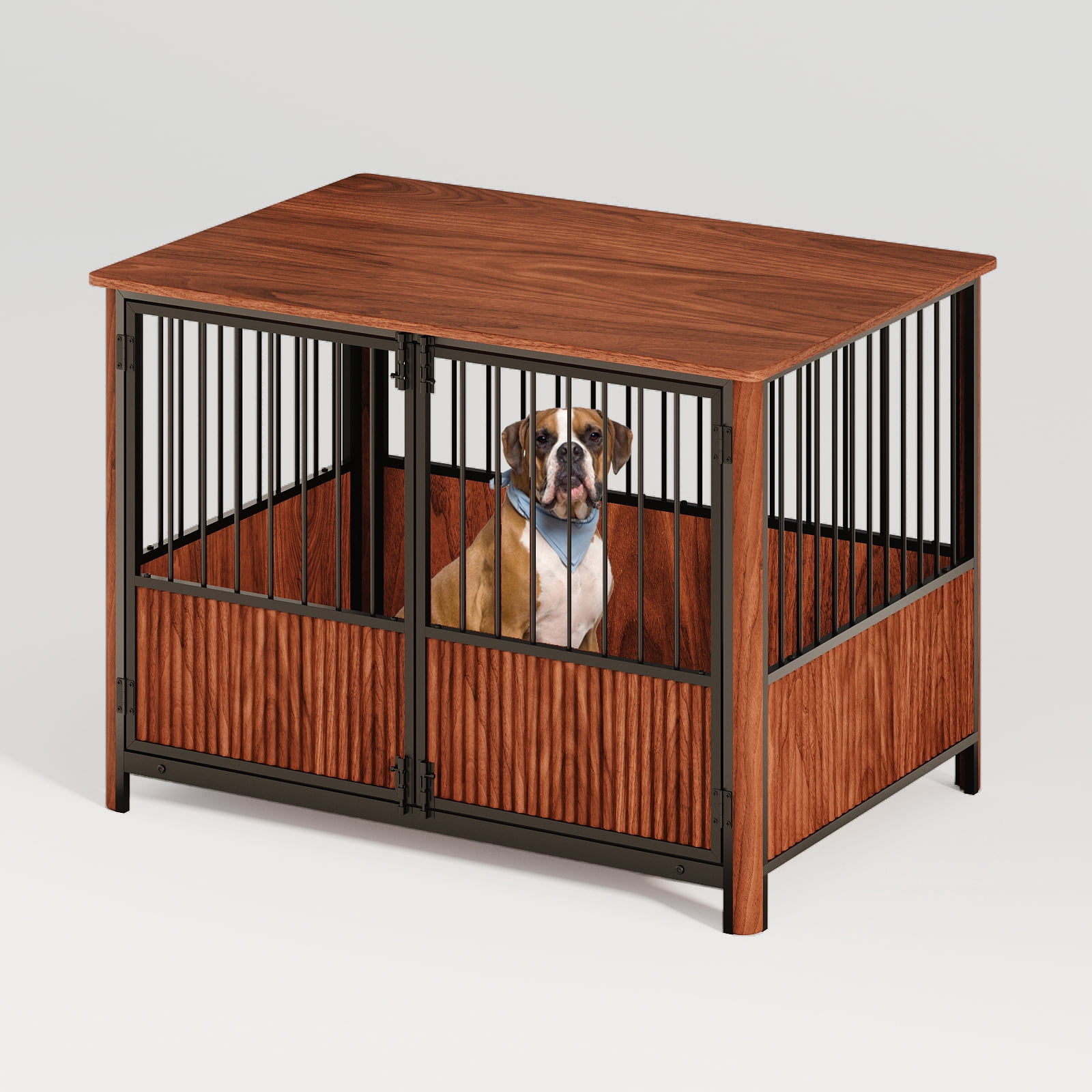 43" Walnut Fluted Furniture Style Dog Crate for Large & Medium Dogs, Decorative Pet House with Double Door, Indoor End Table Side Table Dog Cage