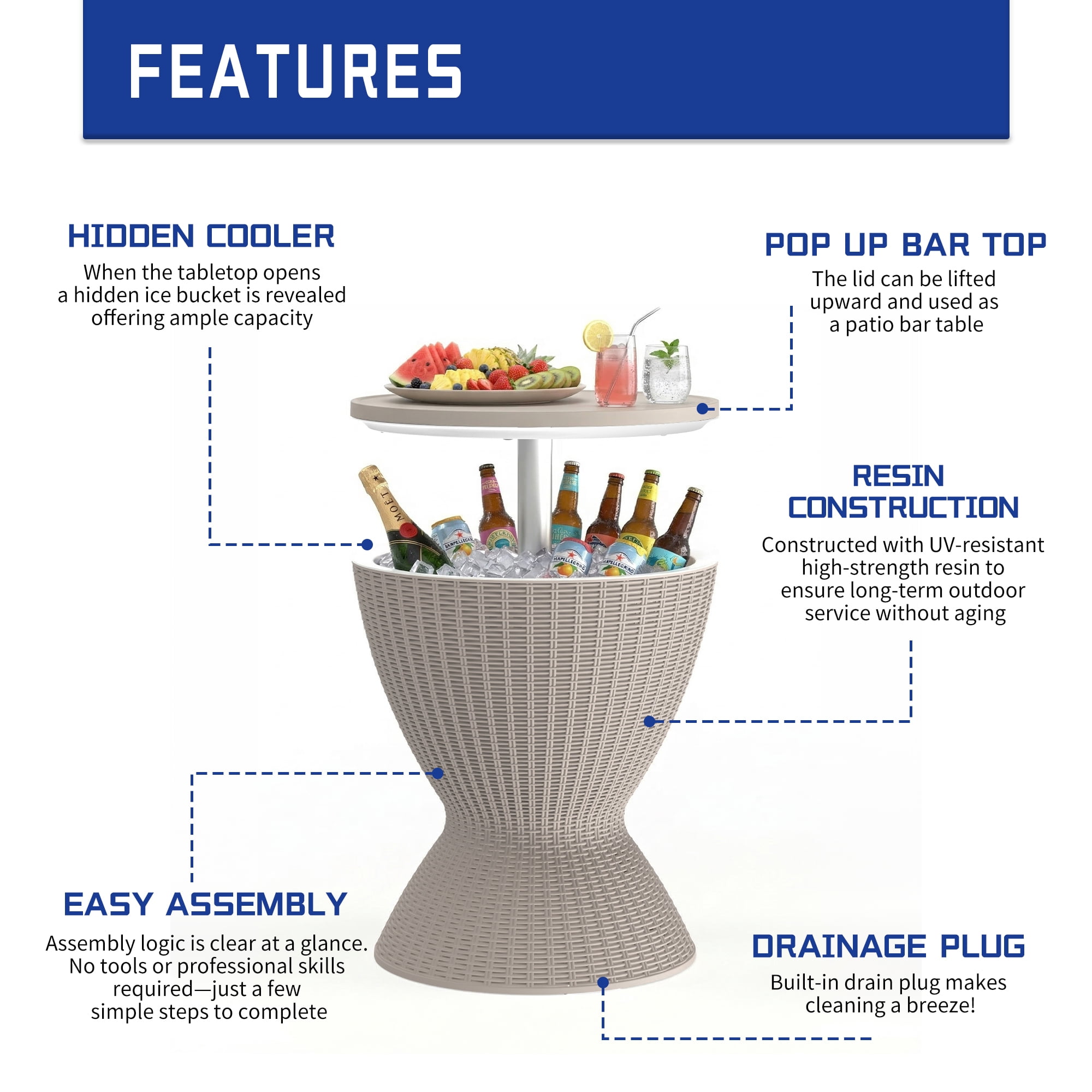 Fazzn  Outdoor Cooler Side Table - 3 in 1 - Designed for use as Outdoor Side Table, Patio Decor and Ice Chest.Black/Brown