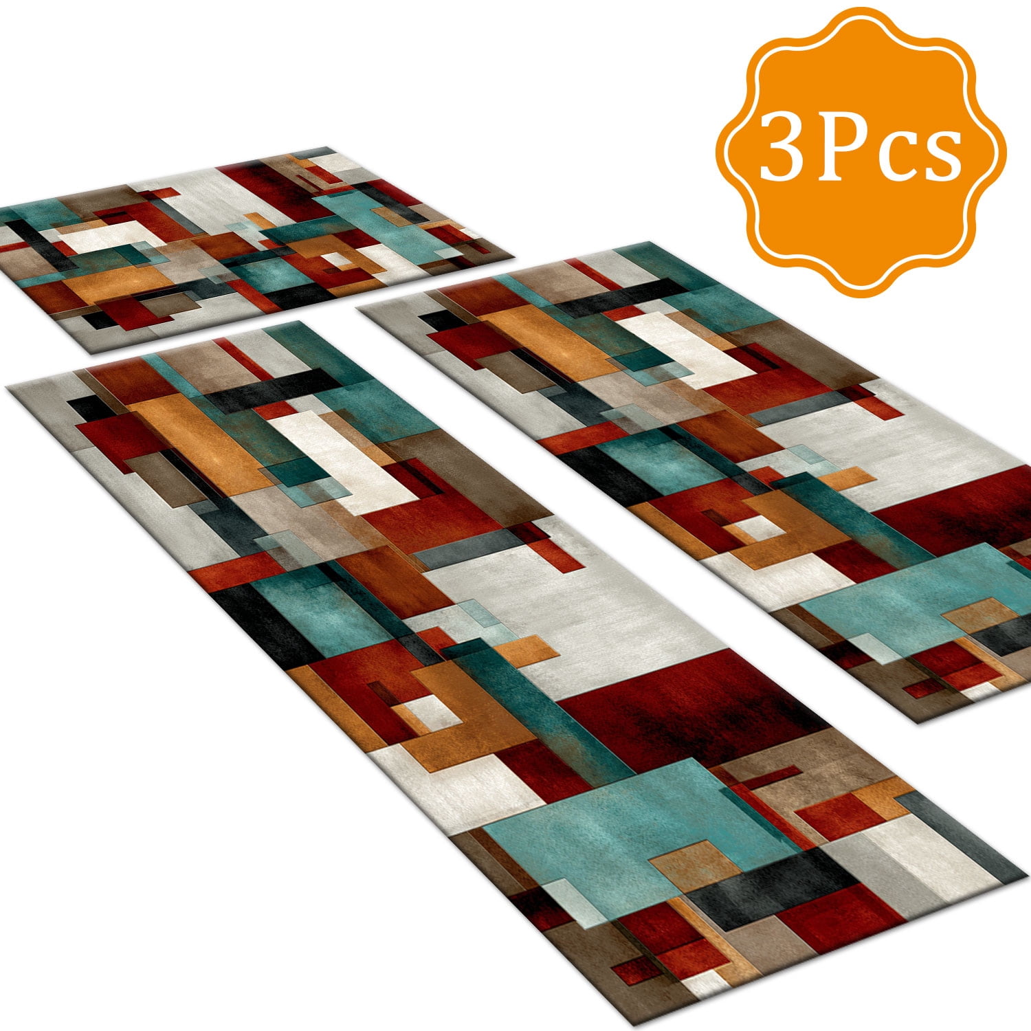 3 Piece Kitchen Rug Set, Abstract Pattern Kitchen Hallway Rug, Soft And Comfortable, Suitable For Sinks, Floors, Entrances, Hallways And Bathrooms