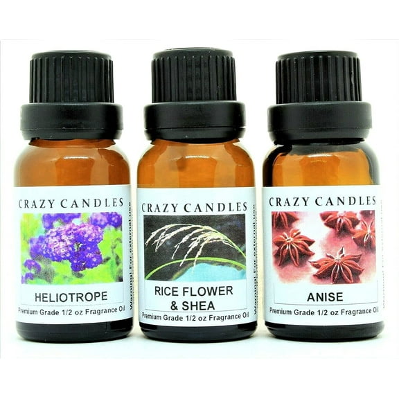 Crazy Candles 3 Bottles Set, 1 Heliotrope, 1 Rice Flower & Shea, 1 Anise 1/2 Fl Oz Each (15ml) Premium Grade Scented Fragrance Oils