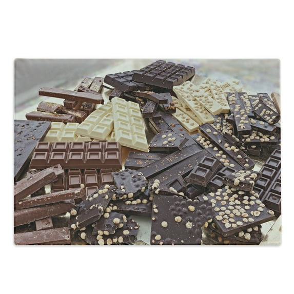 Chocolate Cutting Board, Pile of Assorted Chocolate Bars Black and White Pieces with Hazelnut, Decorative Tempered Glass Cutting and Serving Board, in 3 Sizes, by Ambesonne
