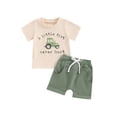 thumbnail image 2 of Toddler Boy Shorts Set Letter Tractor Print Short Sleeve Round Neck T-Shirt with Solid Shorts 2Pcs Outfit, 2 of 10