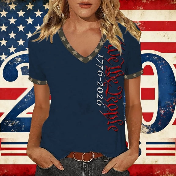 Conairie Womens Patriotic Shirts Loose Crew Neck Short Sleeve 4th of July T Shirt With Letter Print Basic Work Tee Vacation Clothes Blue L