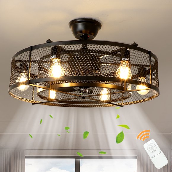 Depuley 26" Cage Ceiling Fan with Lights and Remote Control 6 Light Industrial Metal Net 3-Level Speed Adjust Matte Black  Chandelier Fan for Bedroom Living Room