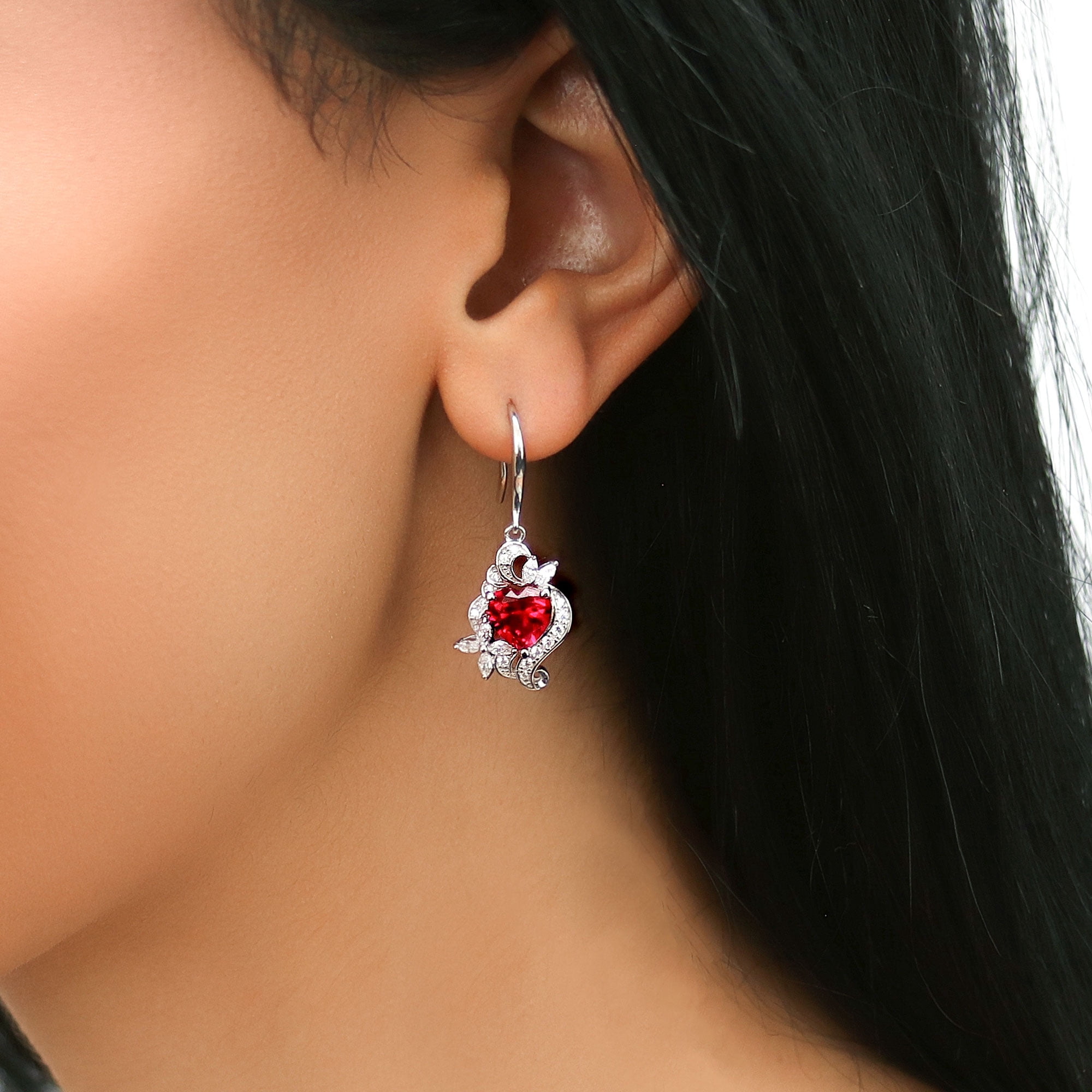 BERRICLE Sterling Silver Heart Cubic Zirconia CZ Flower Fashion Fish Hook Dangle Drop Earrings for Women, Rhodium Plated, Ruby Color