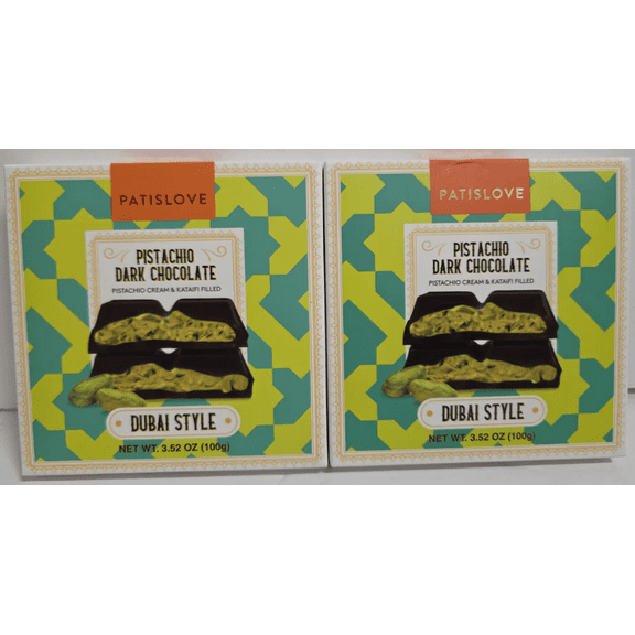 Patislove Pistachio Dark Chocolate Dubai Style 3.52oz 100g (2 Packets)