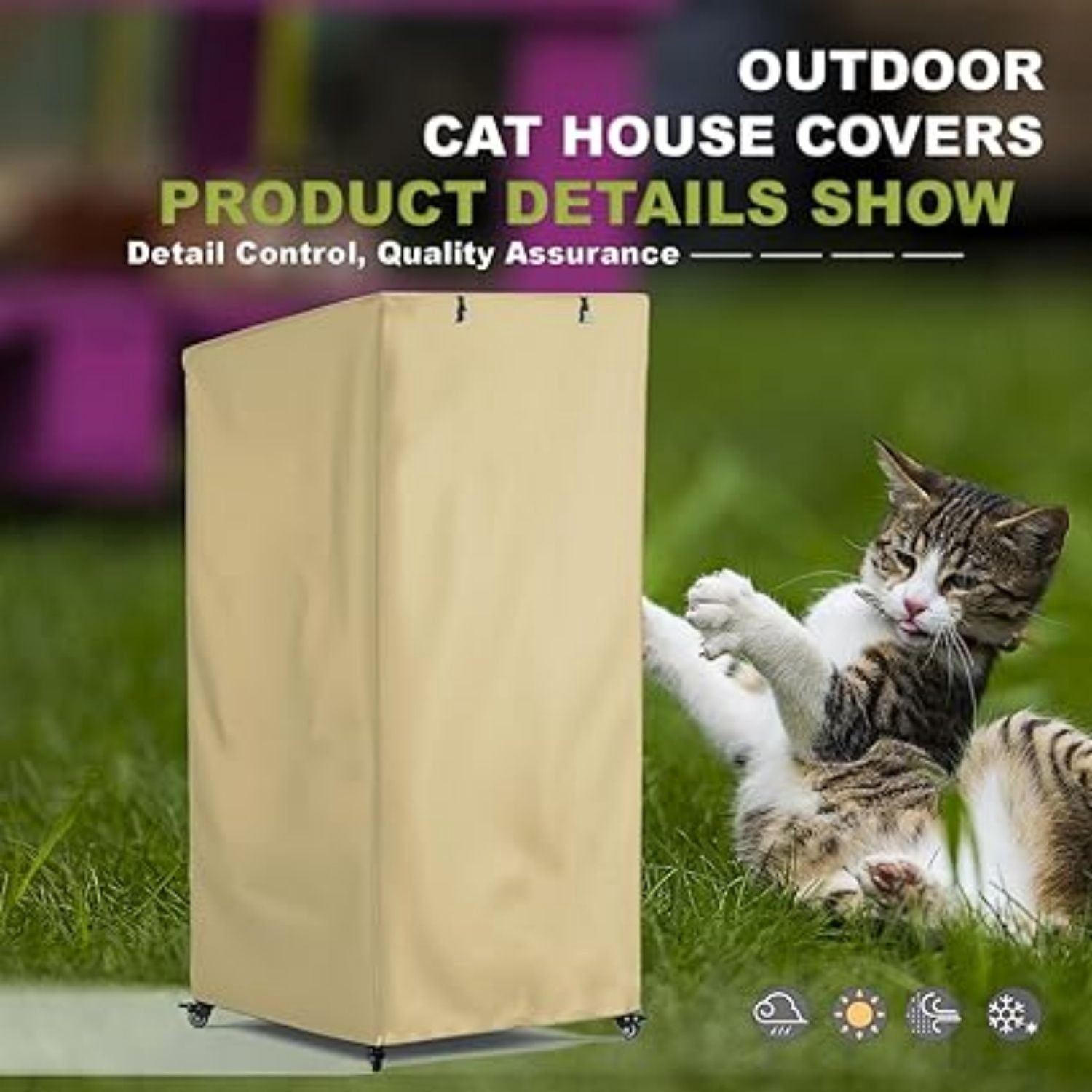 Outdoor Cat House Cover, Extremely Waterproof Feral Cattery Cat Cover, Cat Enclosure Cover, Large Cat Cage Condo/Cat House Cover - 32" L x 32" W x 71" H，Khaki (Cover only)