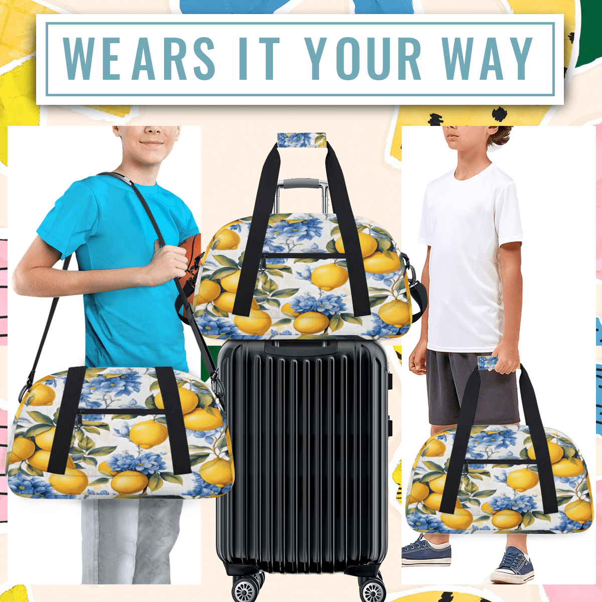 Herdesigns Yellow Lemon Sports Duffle Bag for Women & Men, Modern Plant Leaves Gym Bag Dance Bag Overnight Bag Carry On Weekender Travel Bag