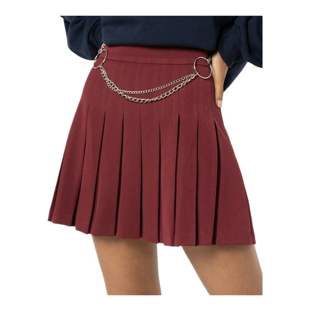 ZAXARRA Women's Mini Pleated Skirt, High Waist Solid Color Skirt with Chain