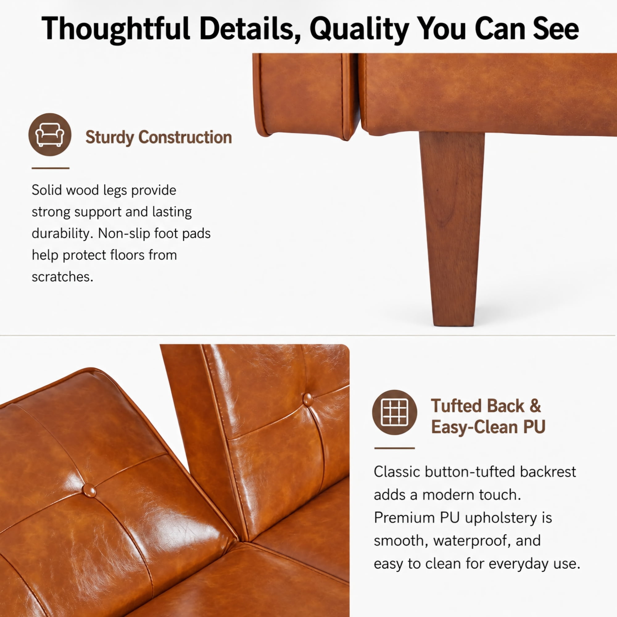 BSHTI 68.11" PU Convertible Sofa Bed with Adjustable 3-Position Backrest, Button-Tufted Split Back for Living Room/Office( Brown)