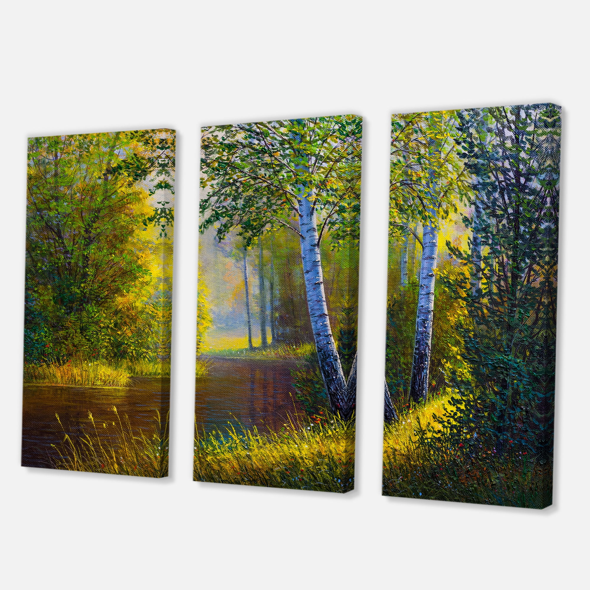 Designart ' Sunrise Glow Through The Birches II ' Lake House Canvas Wall Art Print