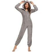 Aunavey Women One Piece Fleece Pajamas Jumpsuit Cartoon Bear Hooded Fuzzy Warm Sherpa Romper Sleepwear