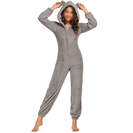 

Aunavey Women One Piece Fleece Pajamas Jumpsuit Cartoon Bear Hooded Fuzzy Warm Sherpa Romper Sleepwear