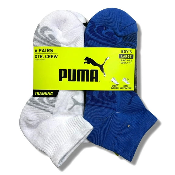 PUMA SOCKS BOYS X6 - QUARTER 243 DECO - BLUE SZ LARGE - SHOE SZ 4-9.5 - 6 PACK