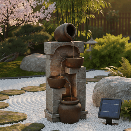 Teamson Home 4-Tier Outdoor Water Fountain with Cascading Bowls, Stacked Stone & Solar LED Lights