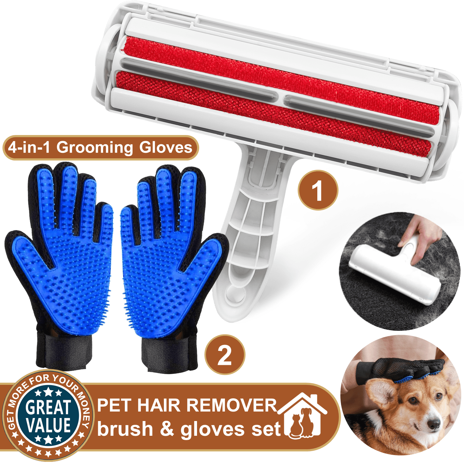 ComfiTime Pet Hair Remover & Pet Grooming Gloves Set, Dog/Cat Grooming