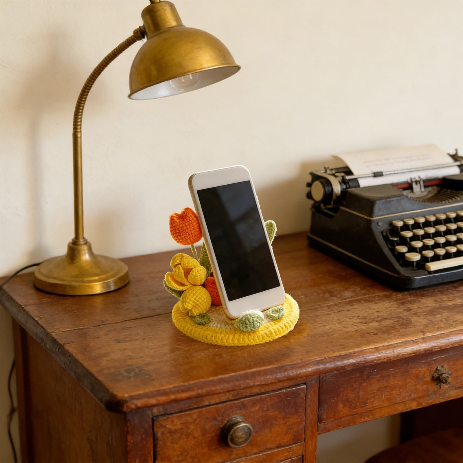 AURIGATE Handmade Crochet Tulip Flower Phone Stand, 5.12 Inch Cotton Cute Floral Phone Holder for Desk Home Office Decor