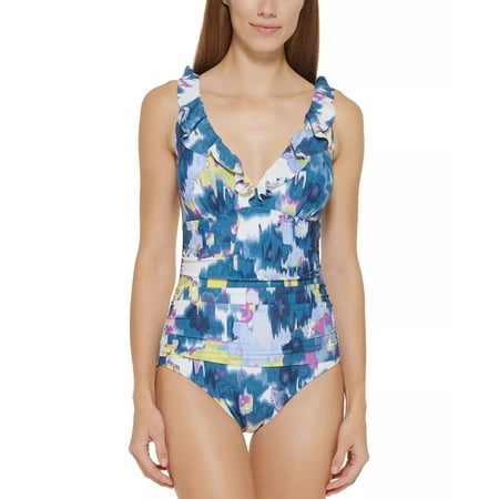 DKNY FLORAL BLUE MULTI Ruffle Plunge Tummy-Control One-Piece Swimsuit  US 10