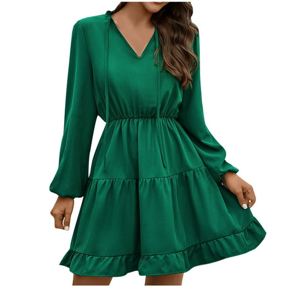 Fashion Lindreshi Fall Dresses for Teens with Long Sleeves Fashion Women's Bandage Casual Long Sleeve Dress V-Neck Ladies Solid Dresses